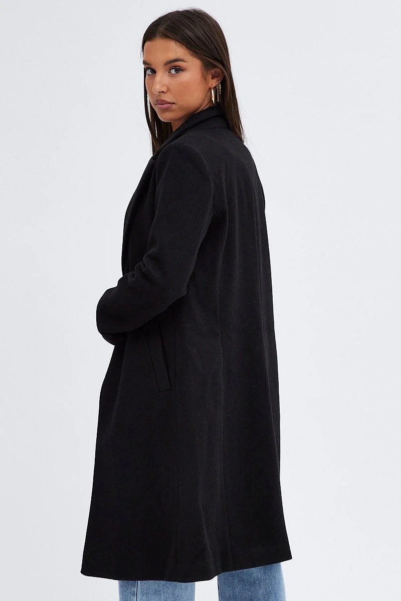 Black One Button Coat Knee Length