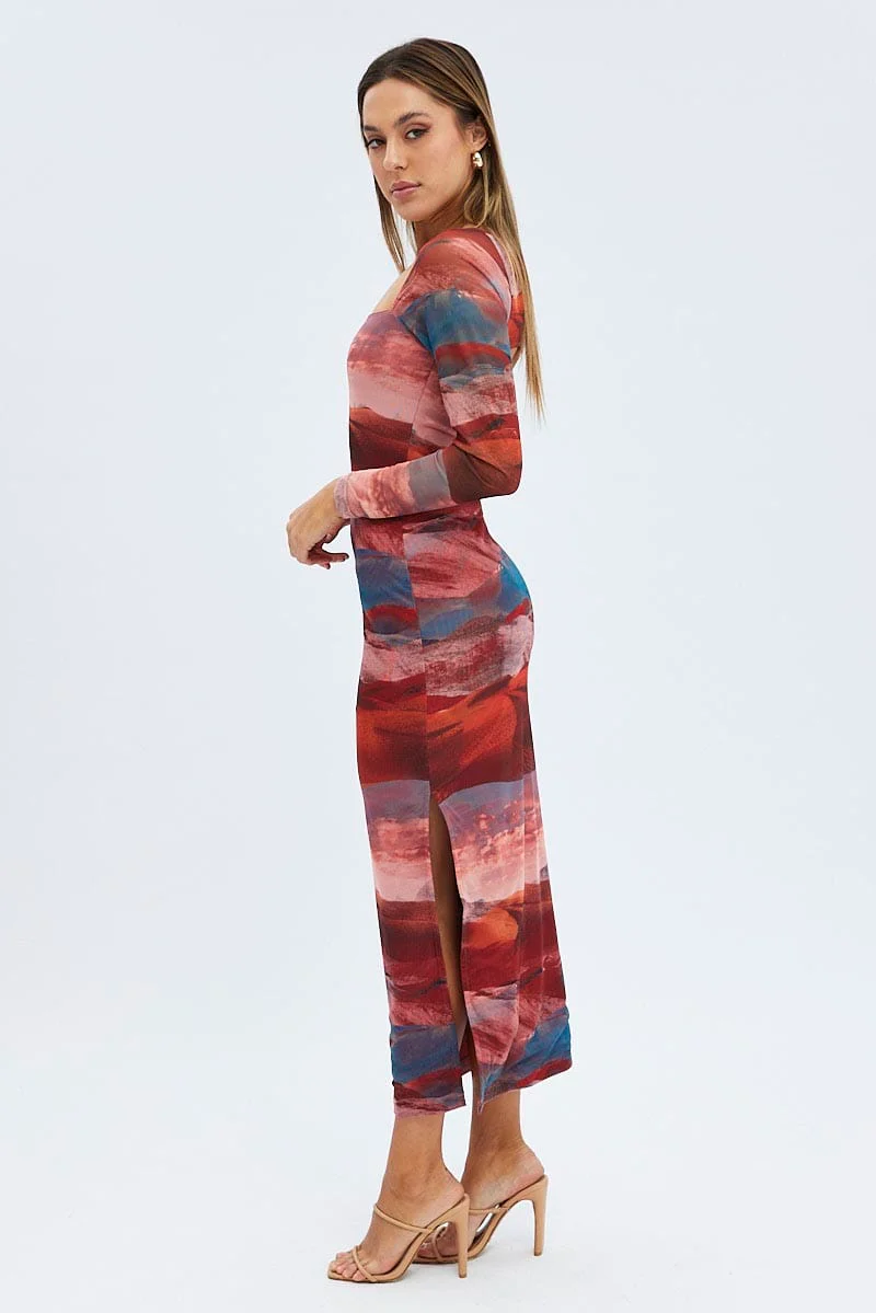Multi Abstract Maxi Dress Long Sleeve Square Neck Mesh Bodycon