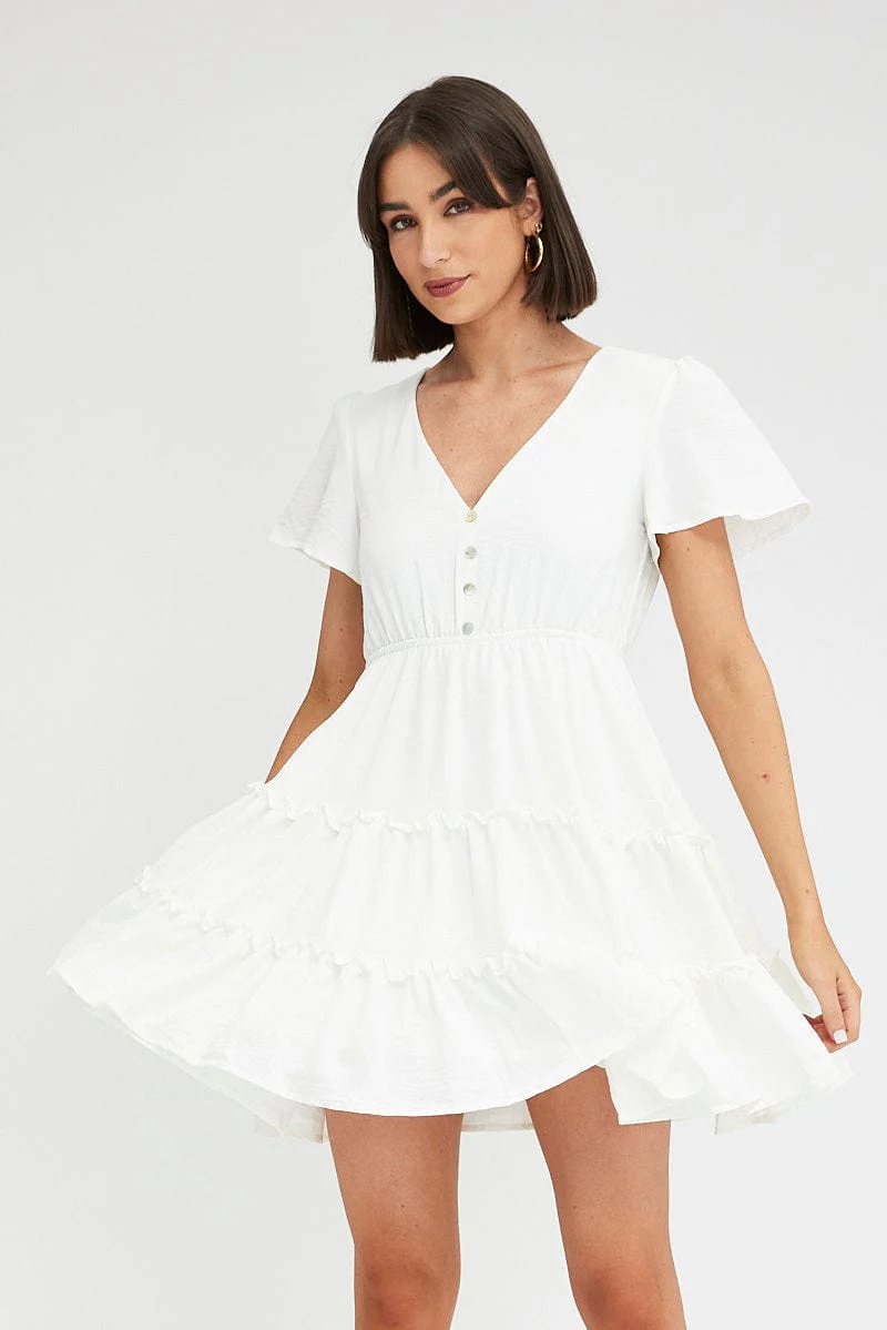 White Fit And Flare Dress Short Sleeve Mini