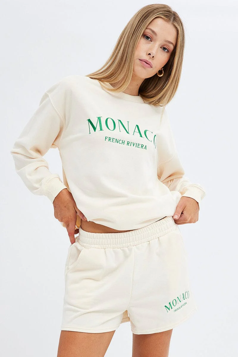 Cream Sweater Varsity Embroidered Monaco Slogan