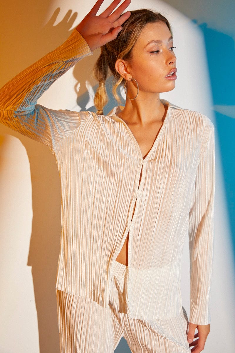 White Plisse Long Sleeve Shirt