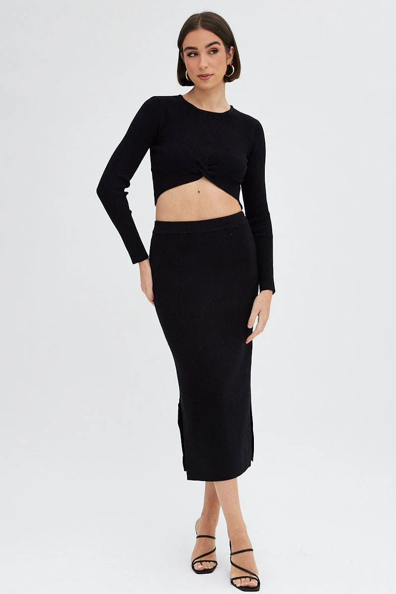 Black Knit Top Long Sleeve Front Knot Detail Crop