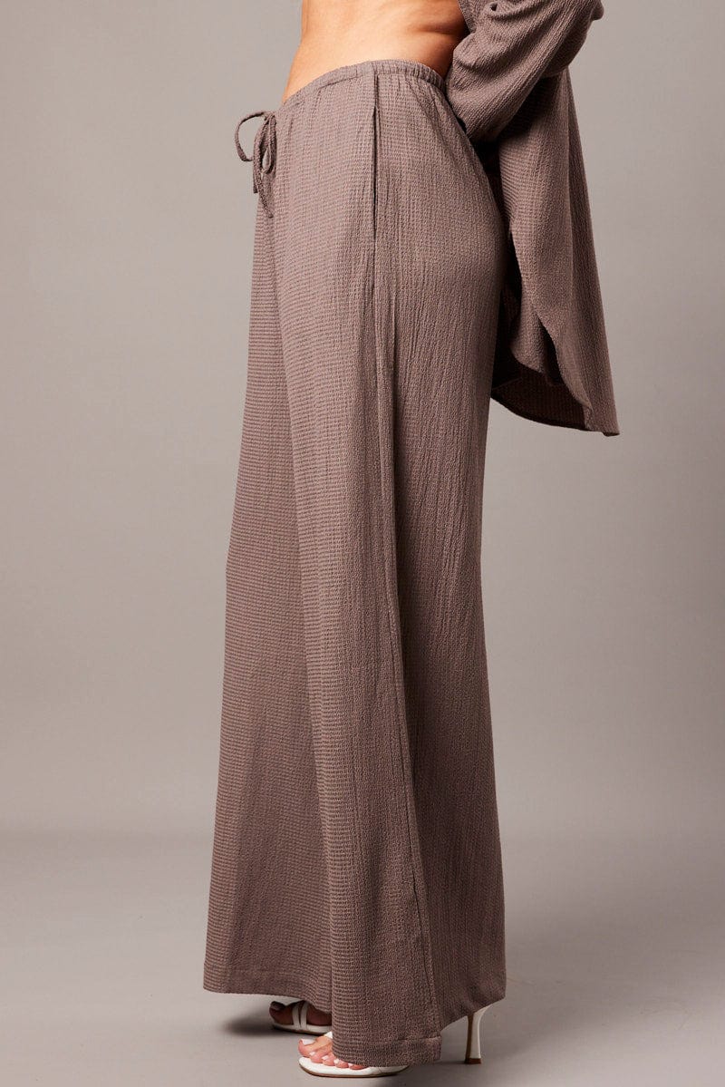 Brown Wide Leg Pants High Rise Textured Fabric