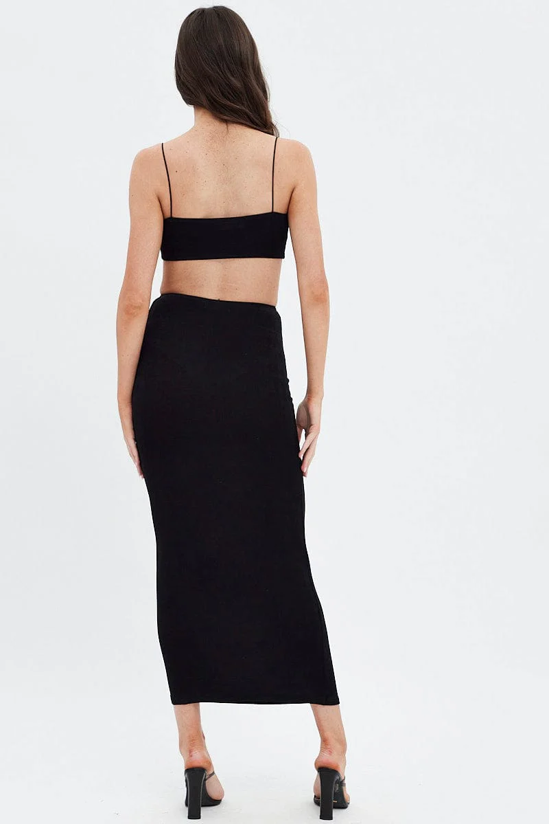 Black Ruched Midi Skirt