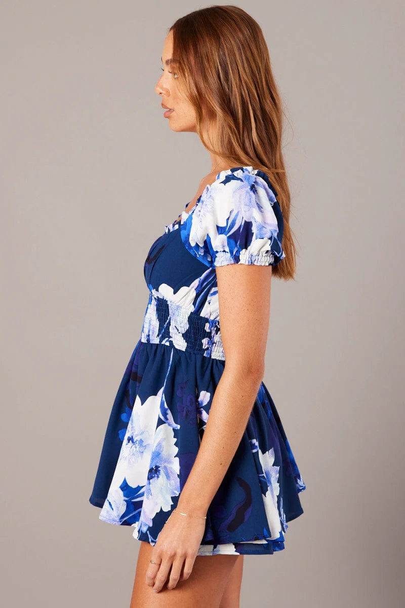 Blue Floral Ruffle Playsuit Short Sleeve