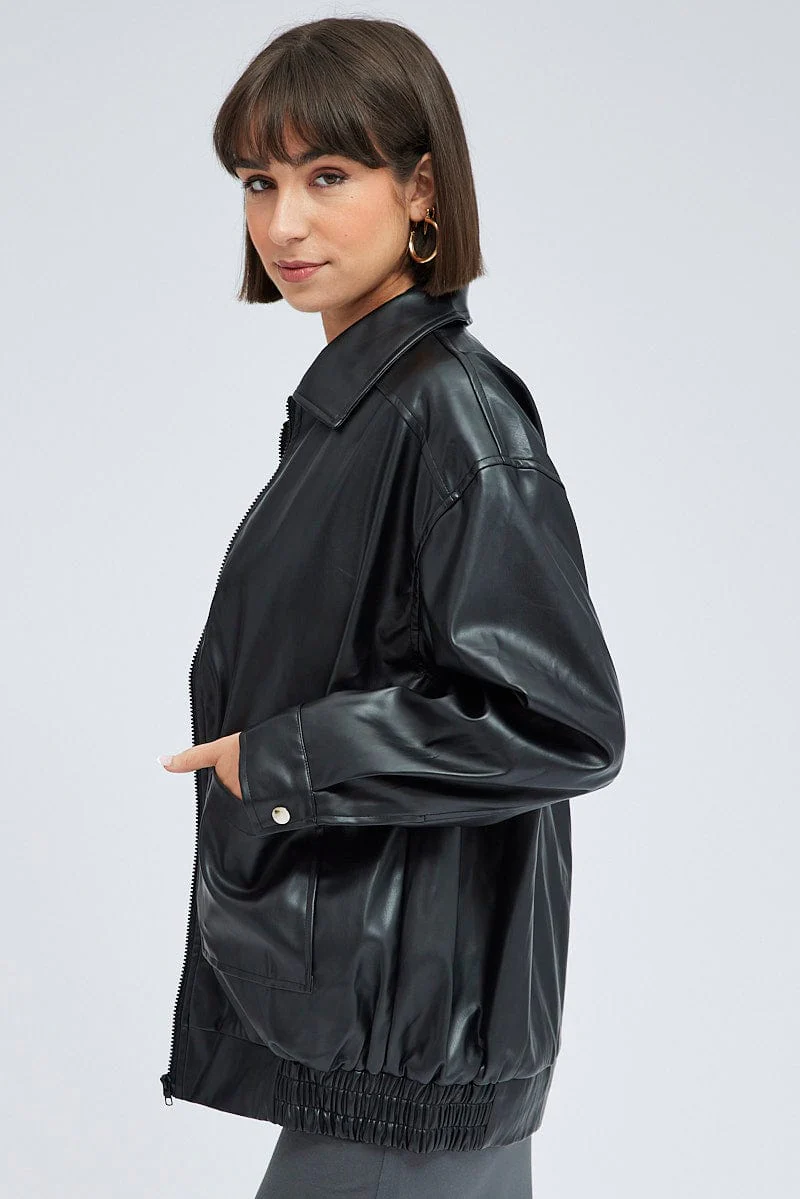 Black Faux Leather Jacket Long Sleeve