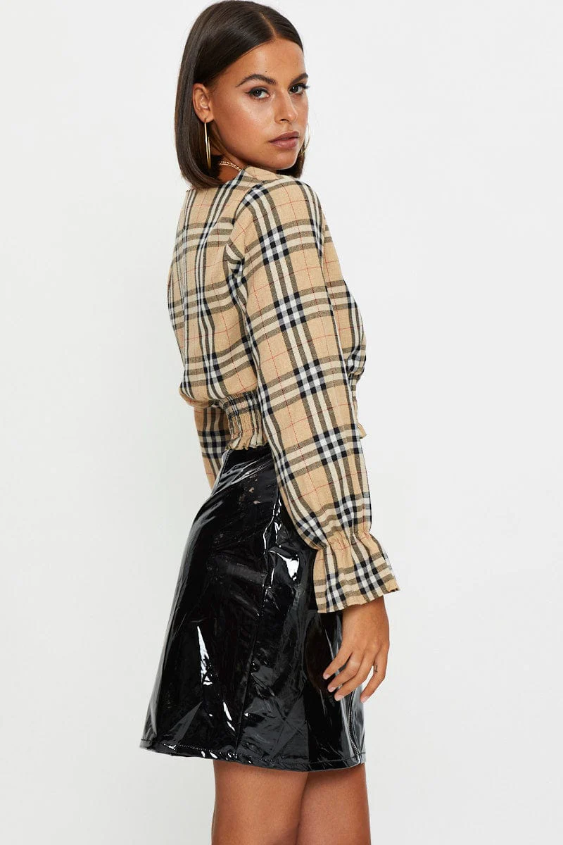 Black Wet Look Front Zip Mini Skirt