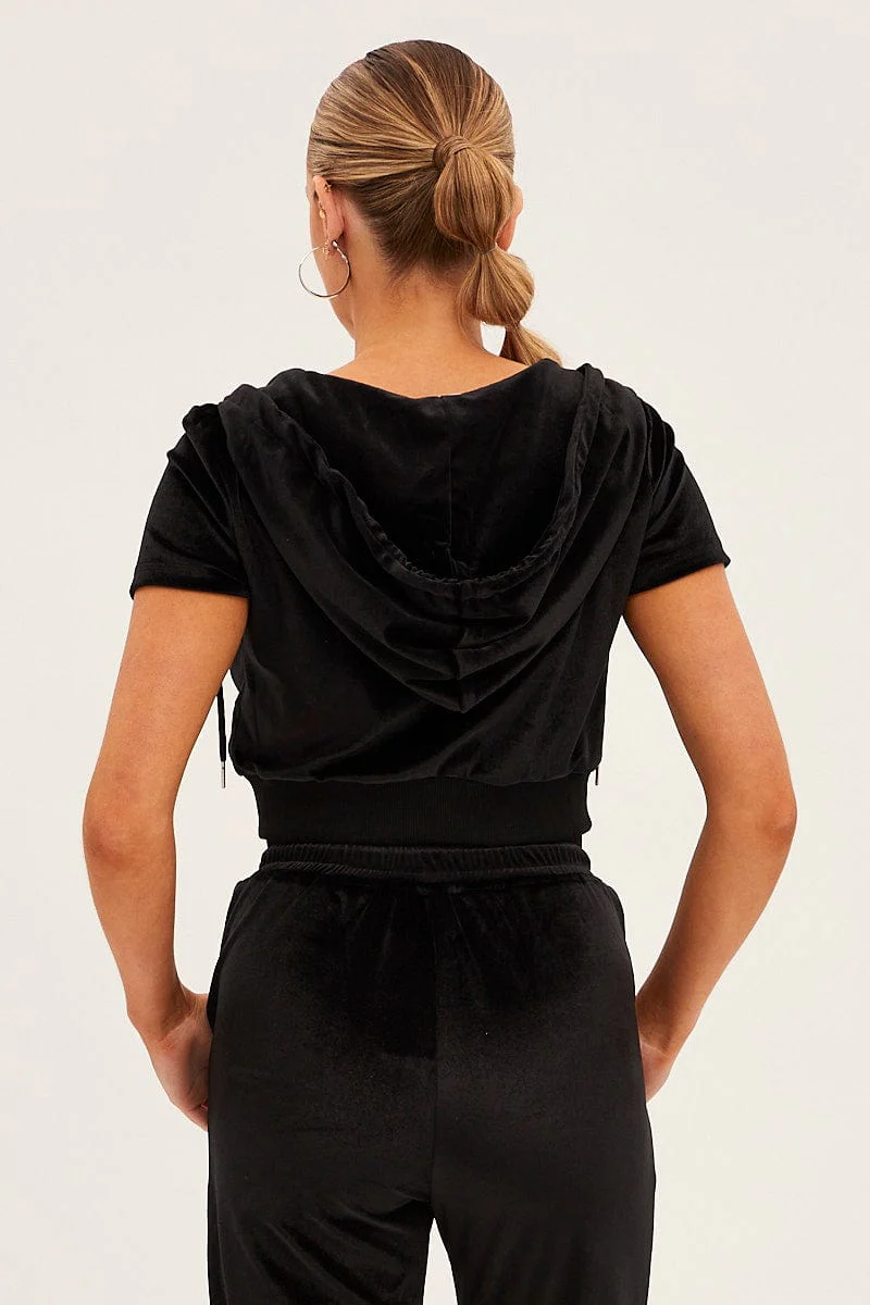 Black Velour Short Sleeve Zip Lounge Hoodie