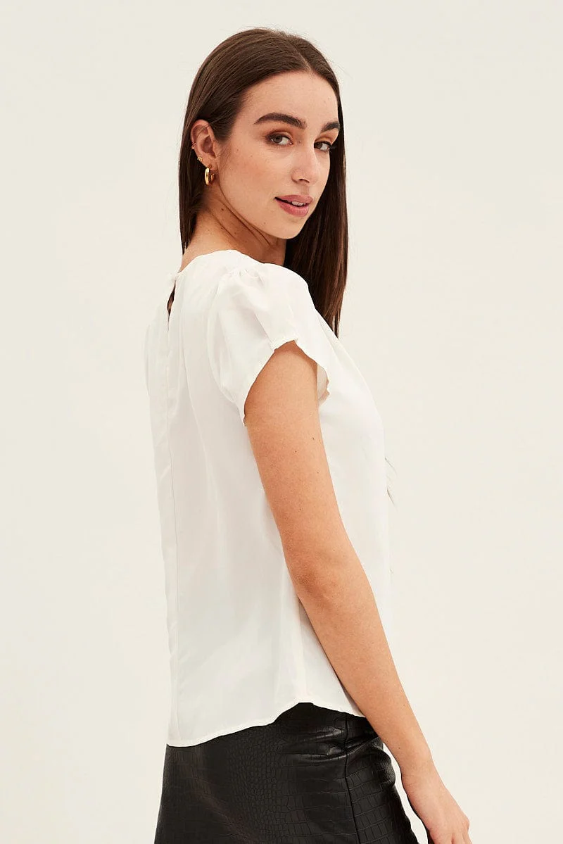 White Top Cap Sleeve Pleat Detail Workwear