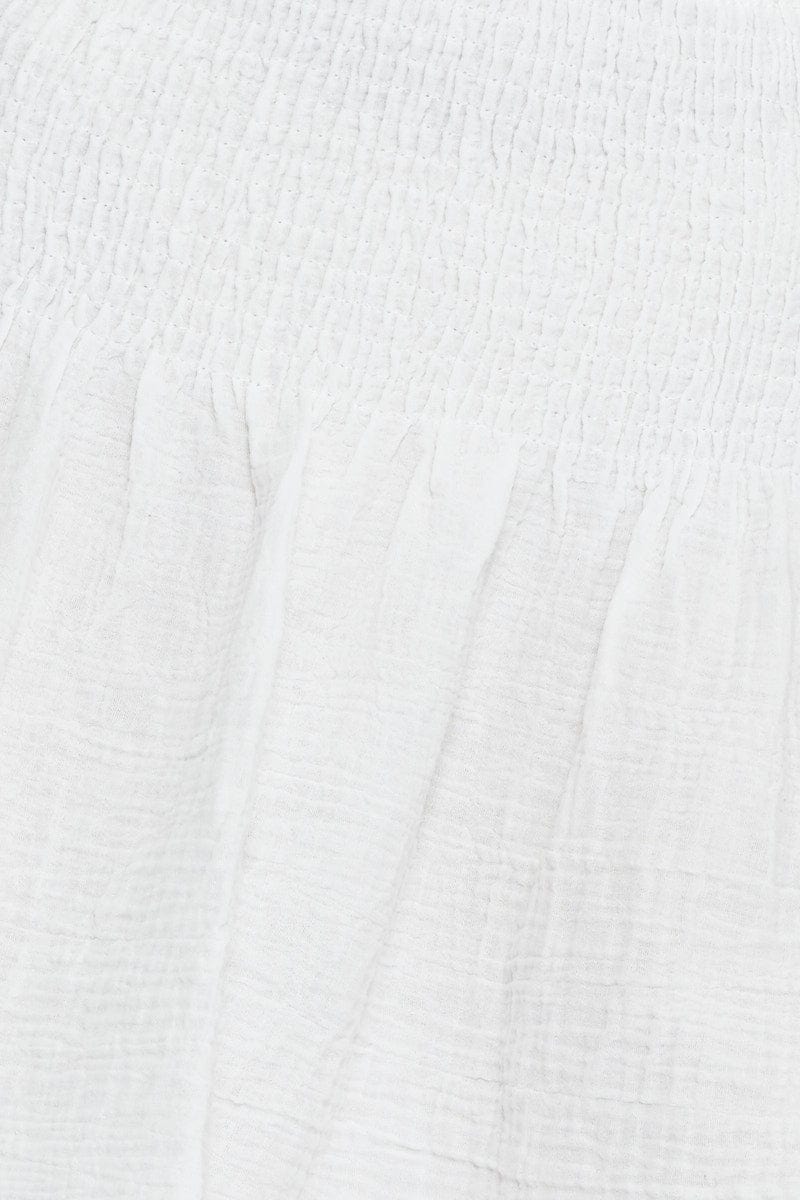 White Linen Blend Shirred Waist Skater Skirt