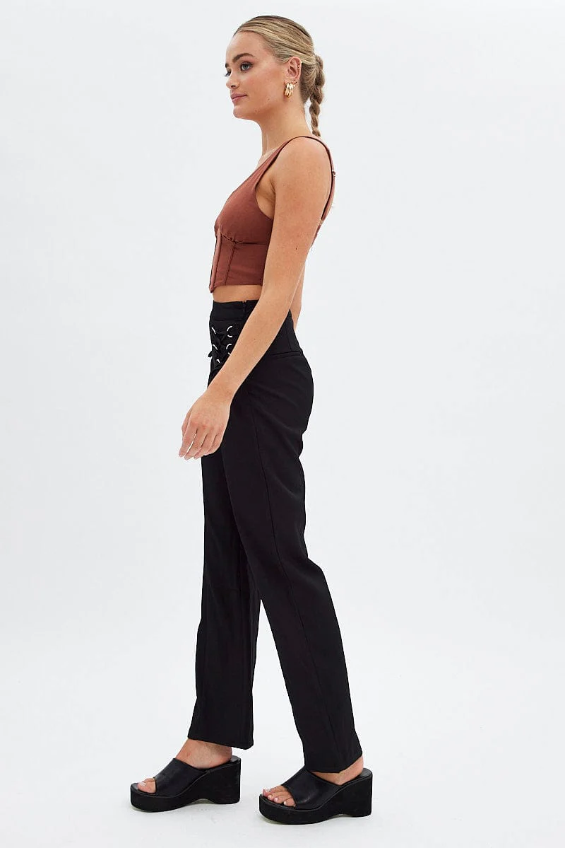 Black Straight Leg Pants High Rise Tailored Lace Up