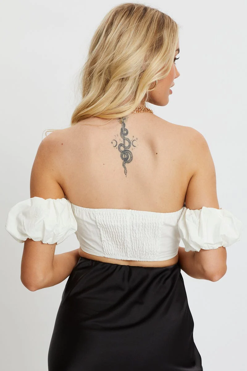 White Crop Top Short Sleeve Off Shoulder