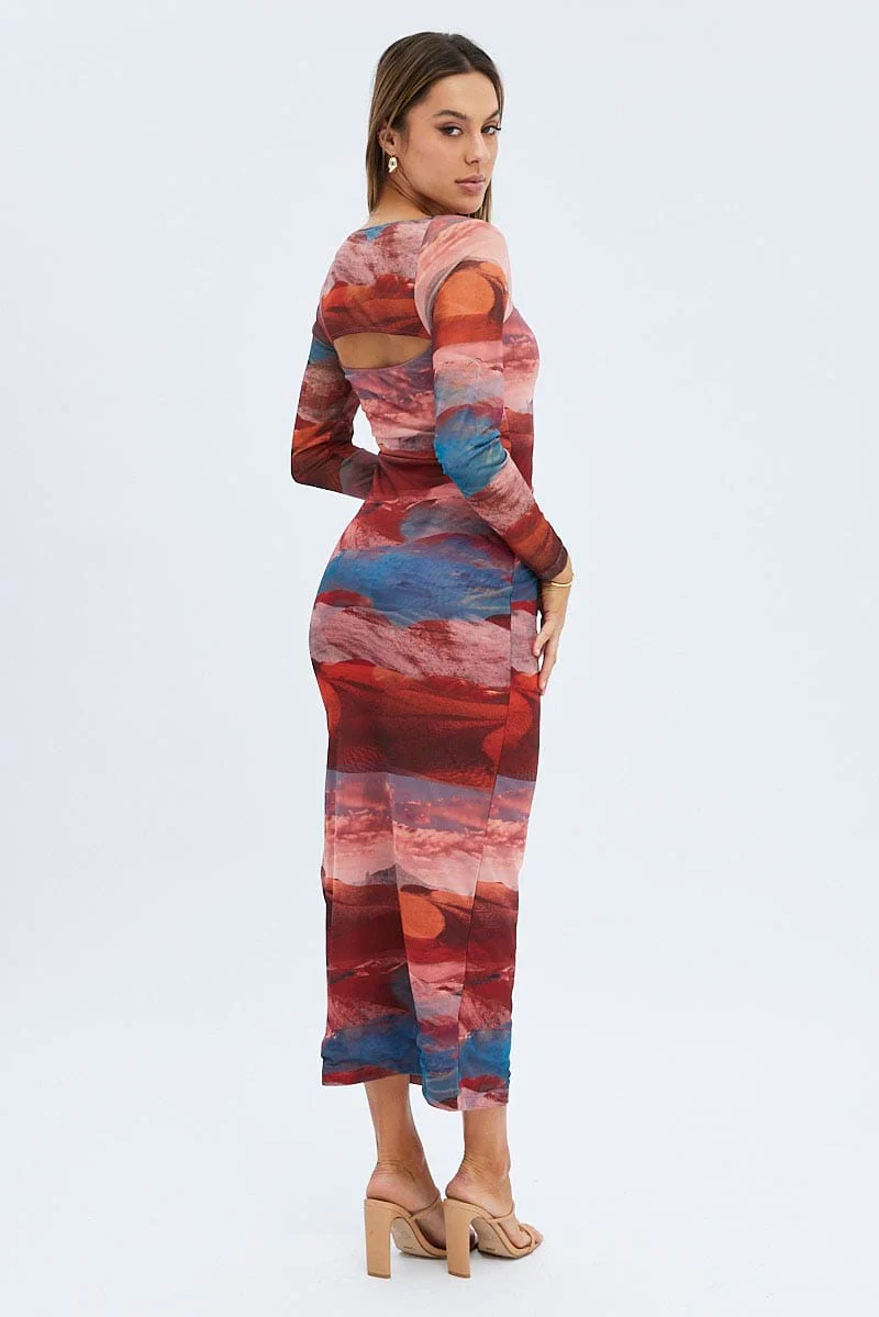 Multi Abstract Maxi Dress Long Sleeve Square Neck Mesh Bodycon