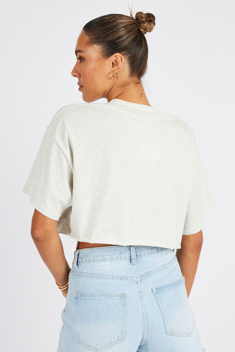 Grey Graphic Tee Flower Slogan Crop T-shirt