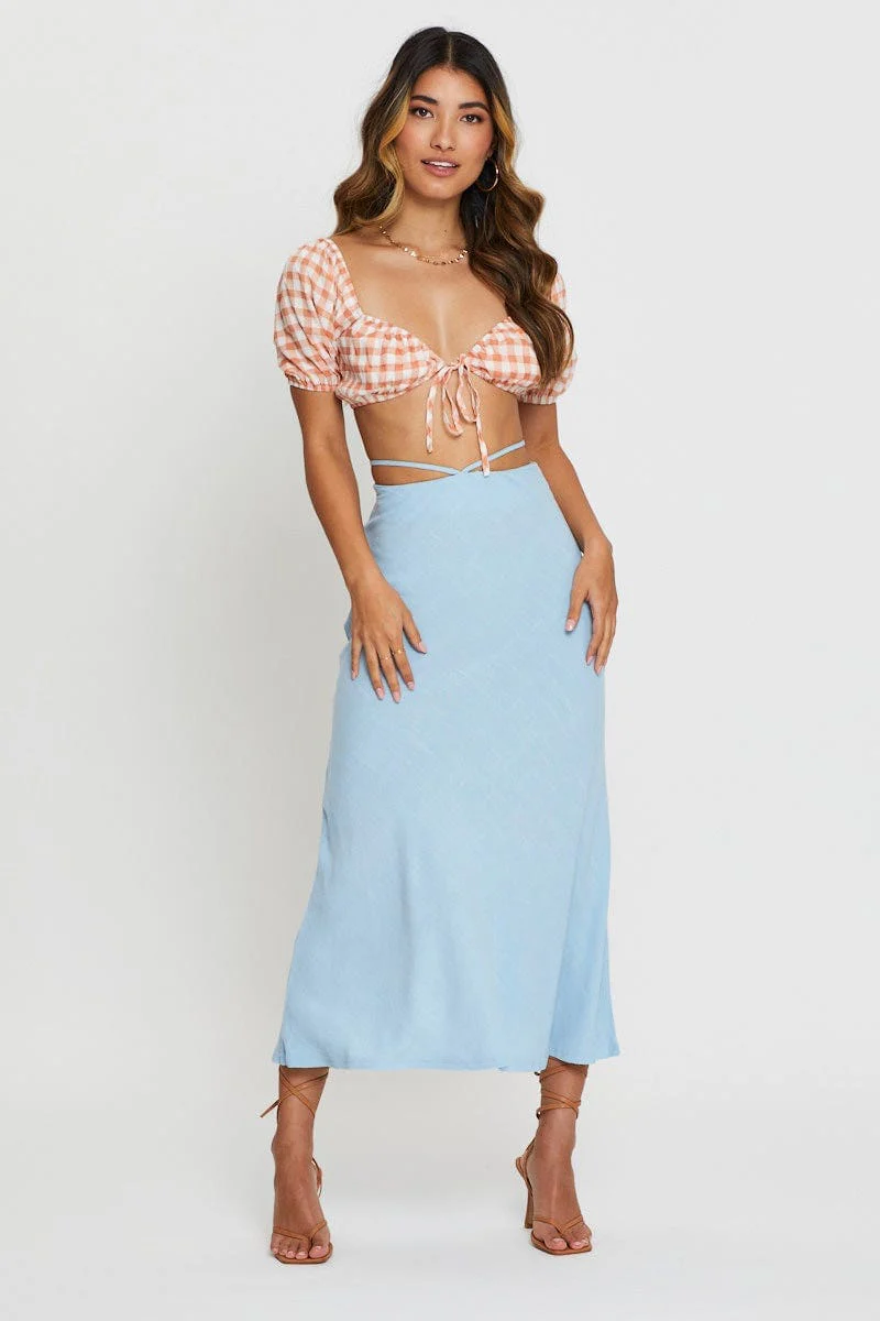 Check Crop Top Short Sleeve Tie Up