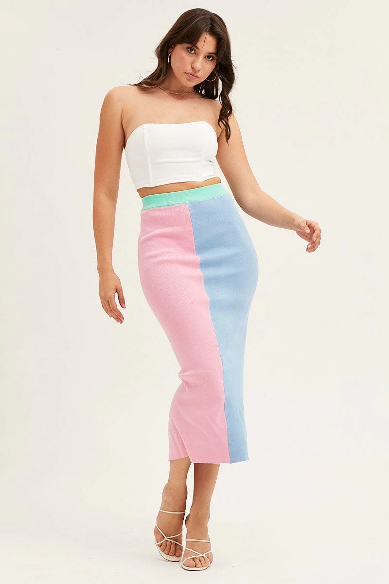 Multi Color Block Knit Midi Skirt