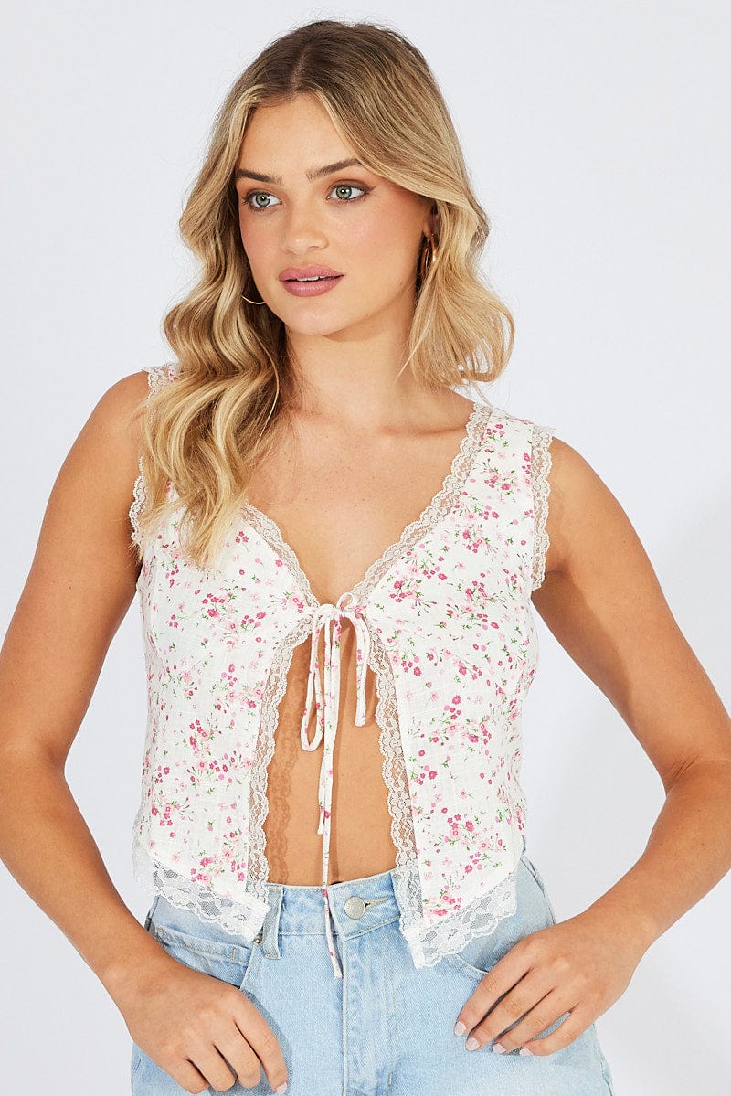 Pink Floral Tie up Front Top Sleeveless