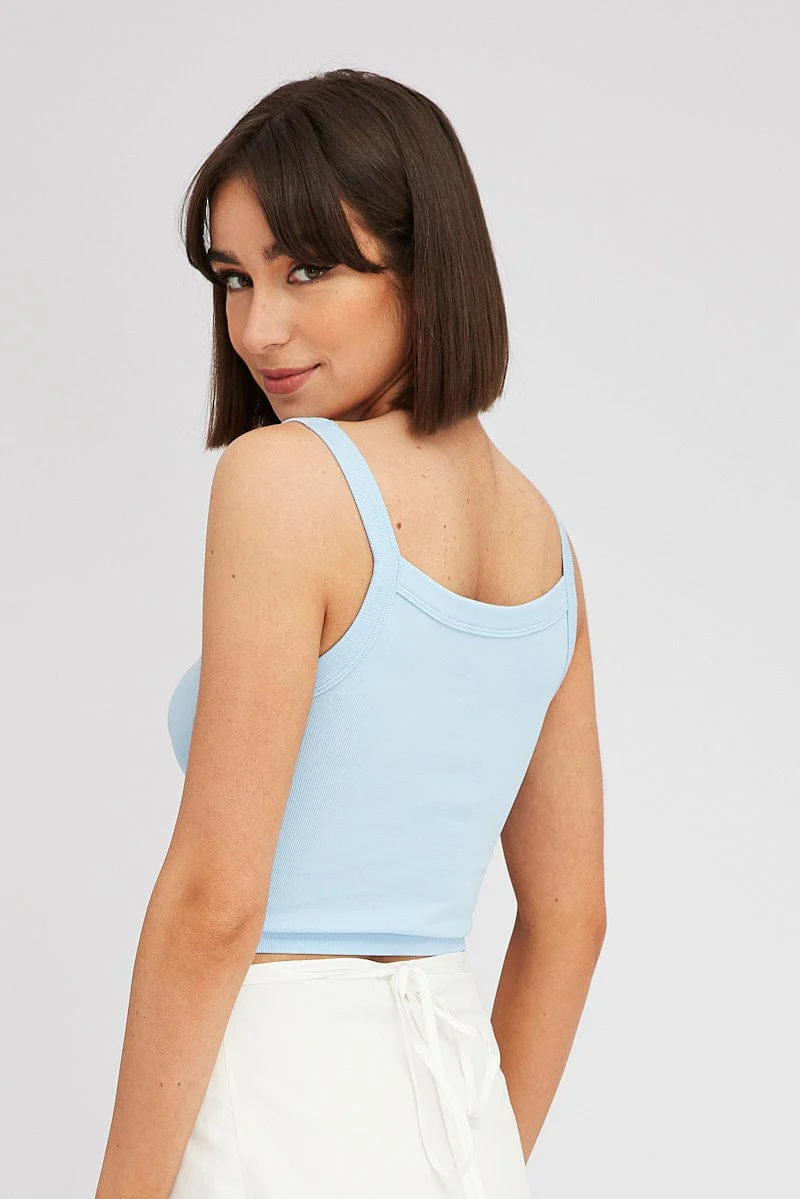 Blue Singlet Top Round Neck Seamles