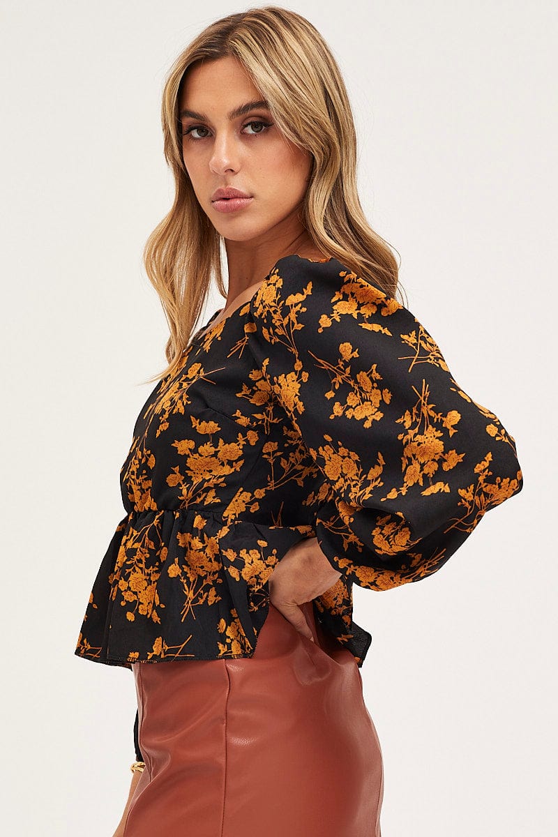 Print Peplum Top Long Sleeve