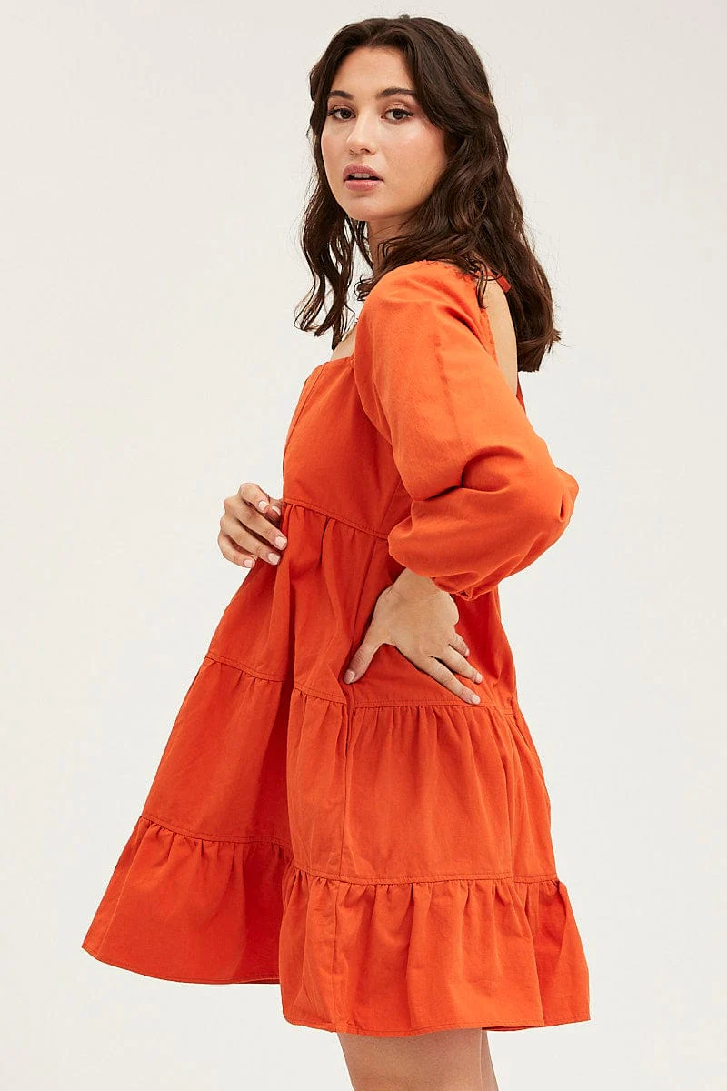 Brown Tiered Dress Long Sleeve Mini