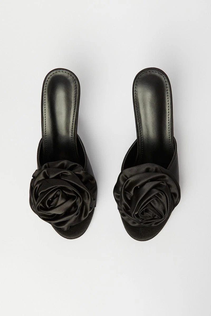 Black Heels Rosette 3D Rose Heeled Mules