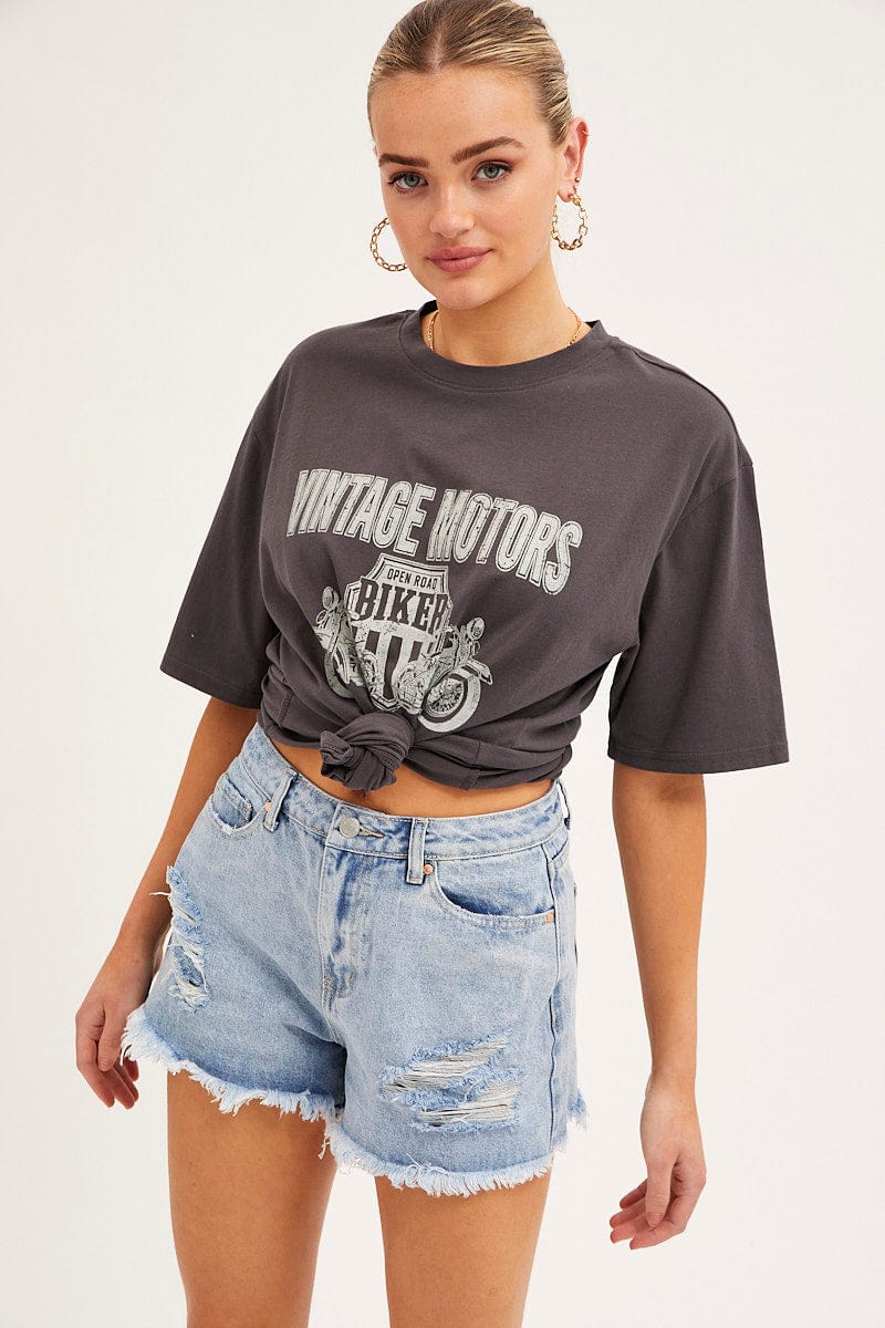 Grey T Shirt Short Sleeve Crew Neck Vintage Bike Cotton