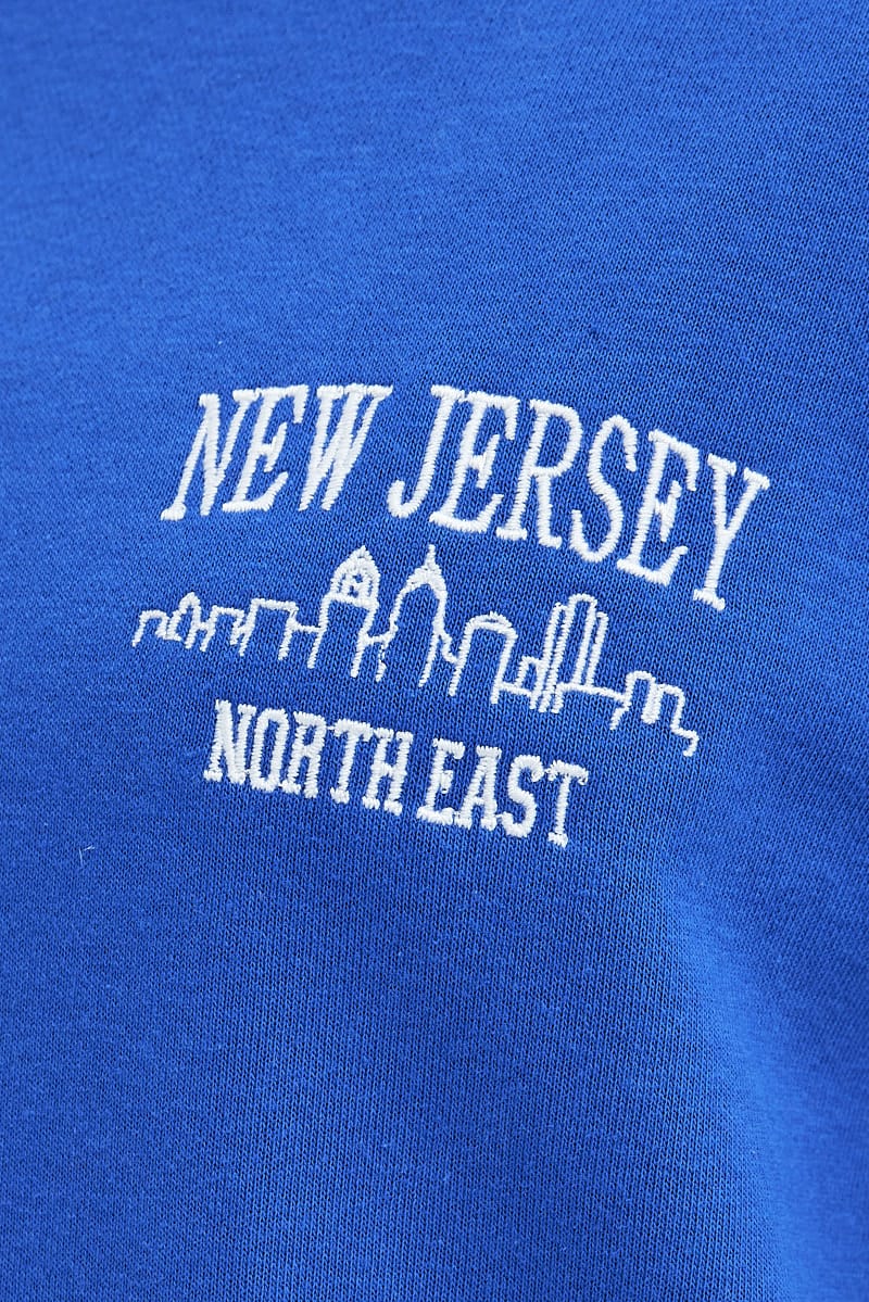 Blue Graphic Sweater Long Sleeve Slightly Stretch