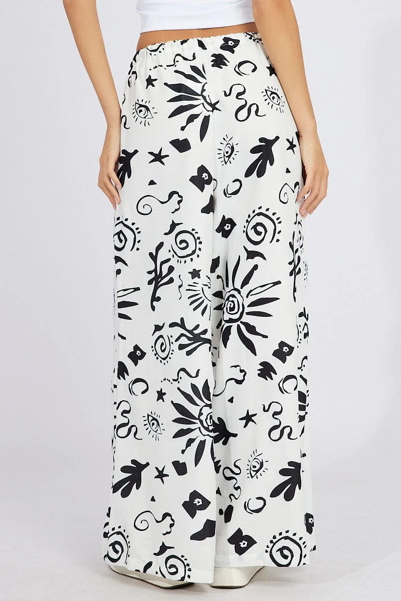 White Abstract Wide Leg Pants High Rise