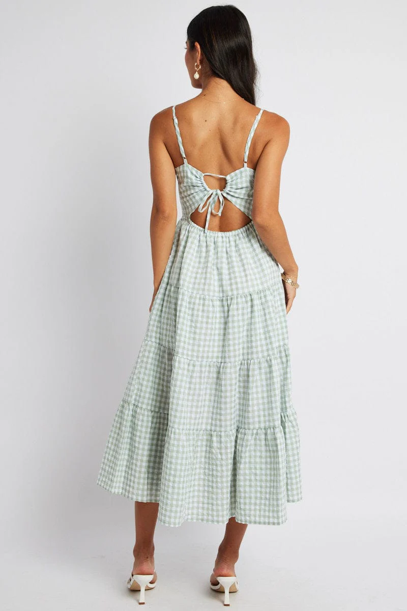 Green Check Midi Dress Sleeveless Tie Back