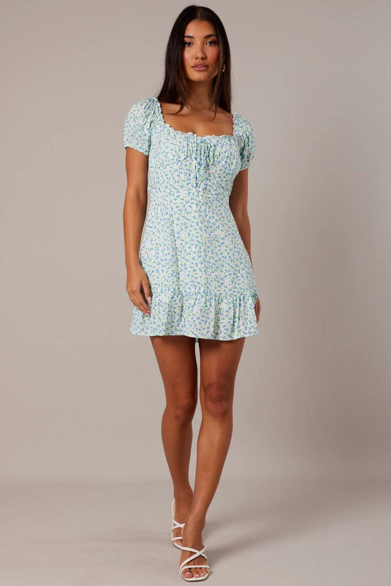 White Ditsy Fit and Flare Dress Short Sleeve Lace Up Front