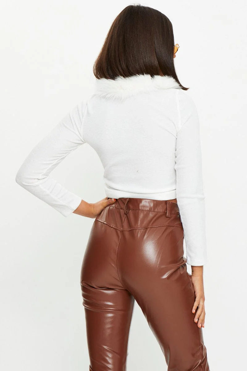 White Fur Trim Drawstring Top