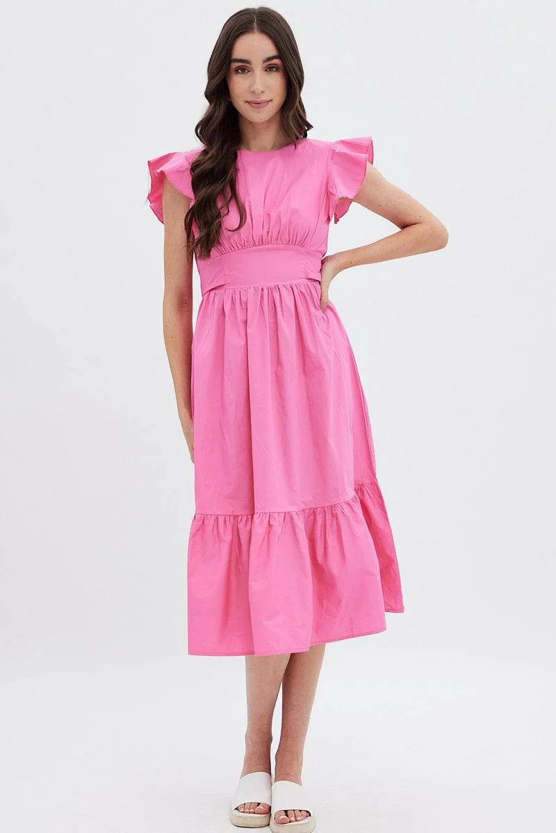 Pink Tie Back Midi Dress