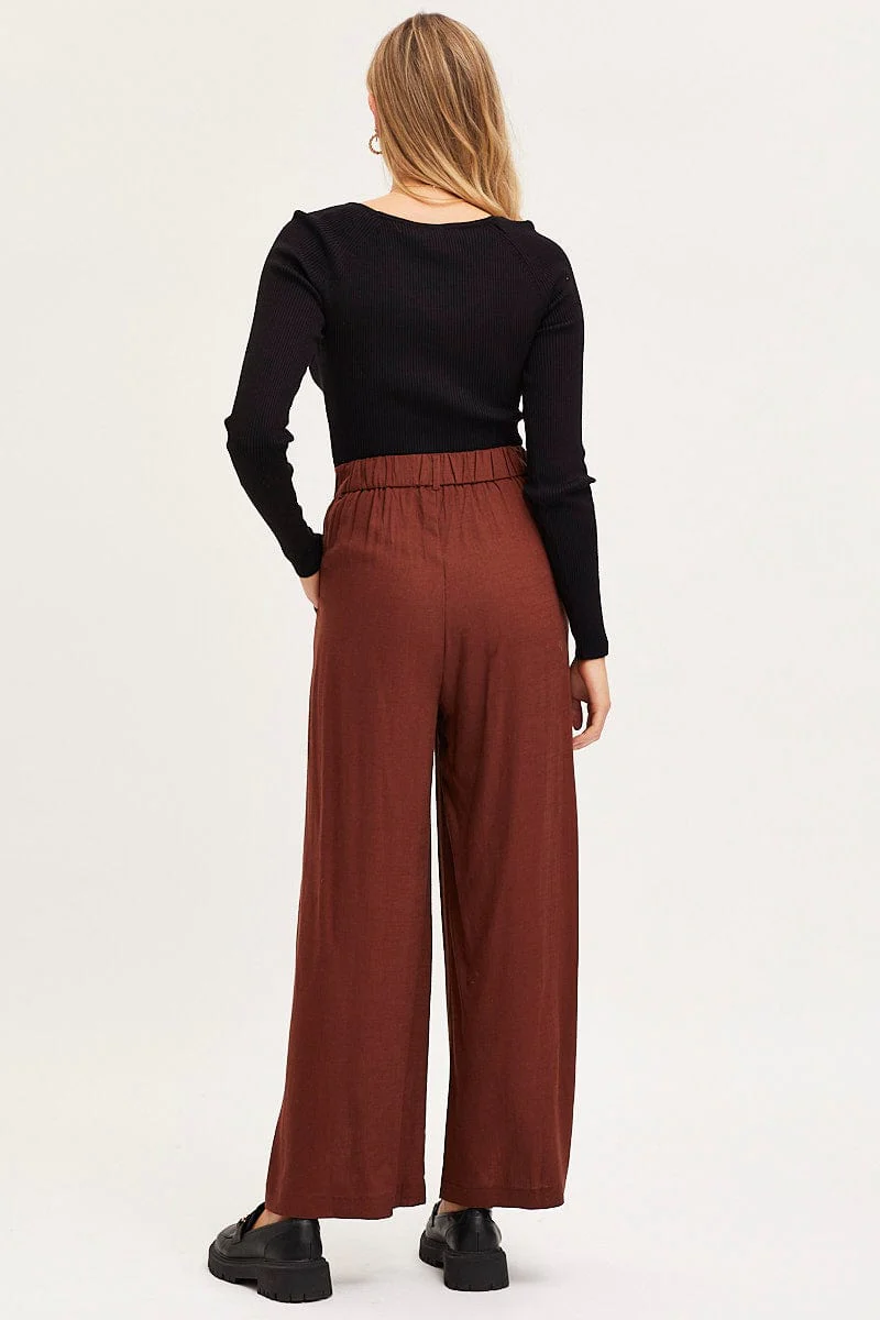 Brown Wide Leg Pants High Rise