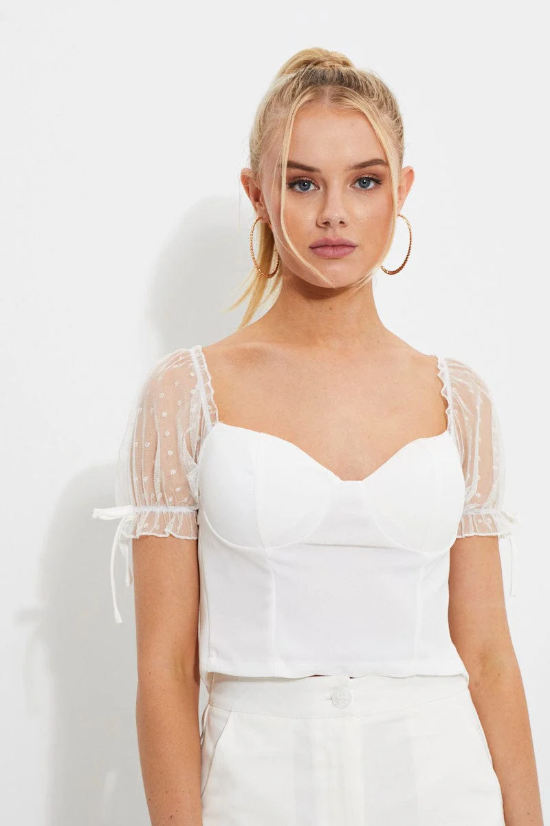 White Dobby Mesh Ruffle Puff Sleeve Bustier Crop Top
