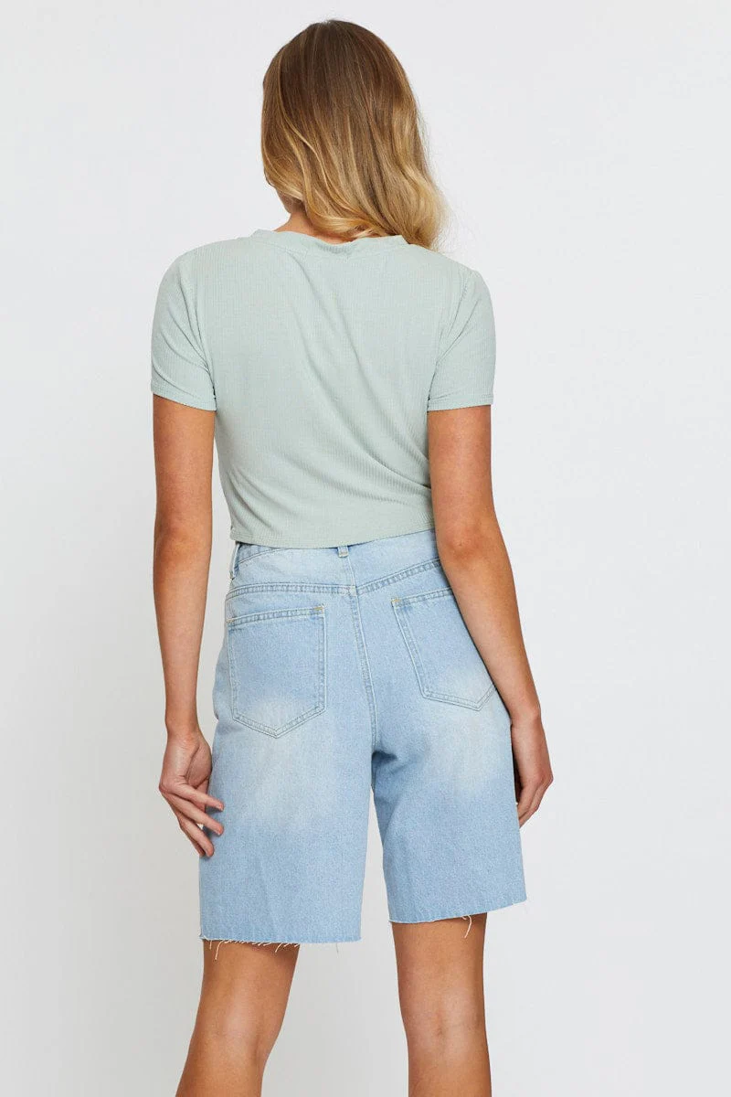 Blue Knee Length Denim Shorts High Rise