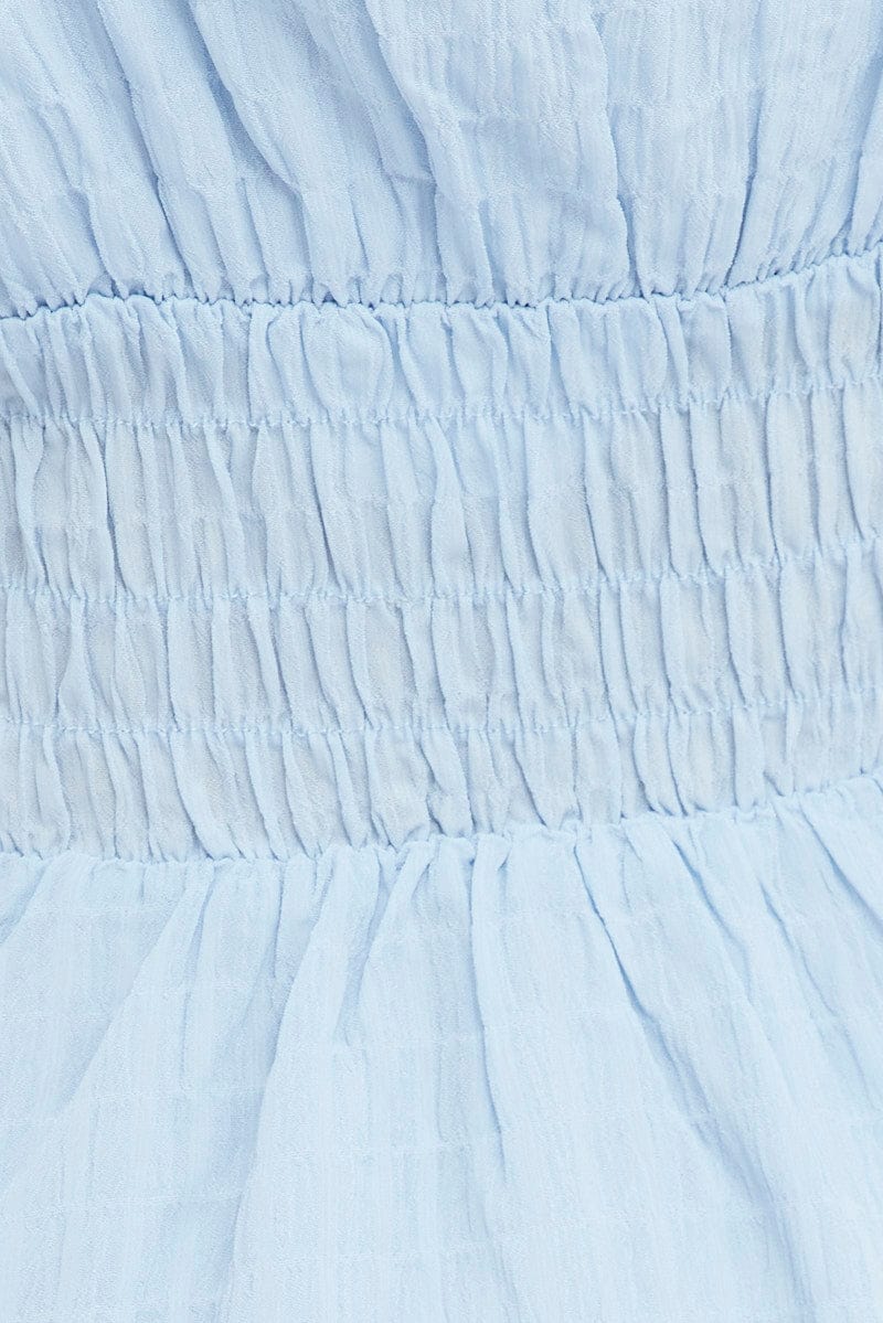 Blue Fit and Flare Dress Sleeveless Waist Shirred