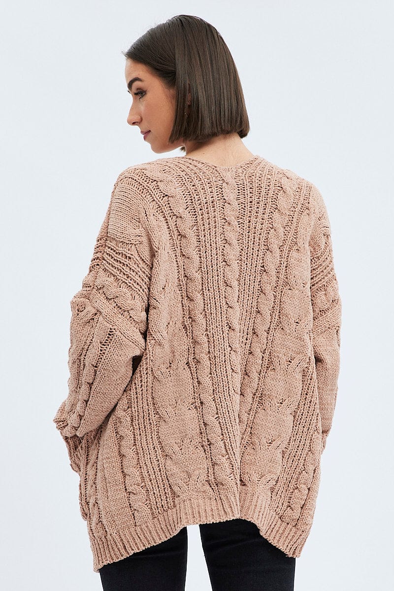 Camel Longline Cable Knit Cardigan