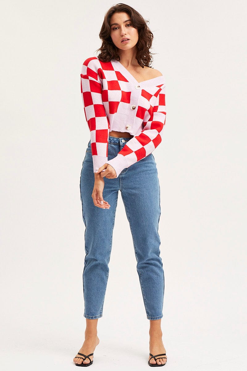 Check Knit Cardigan Long Sleeve Crop V-Neck