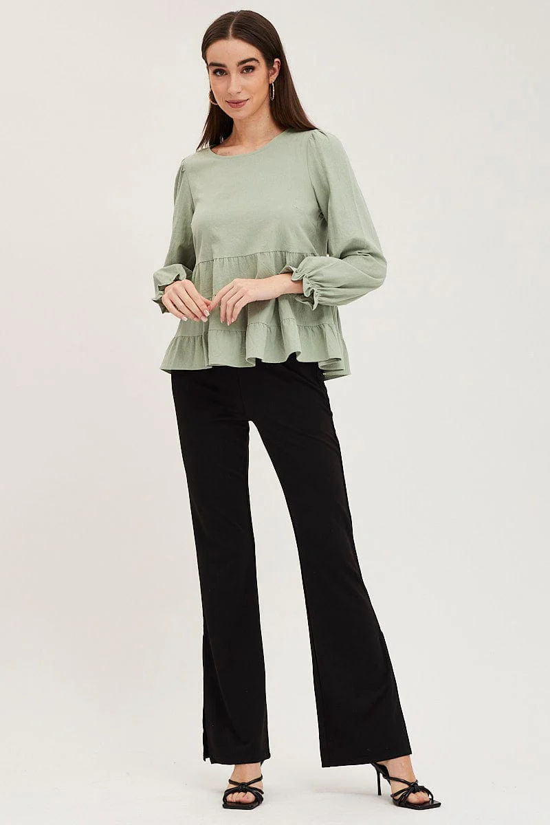 Green Smock Top Long Sleeve