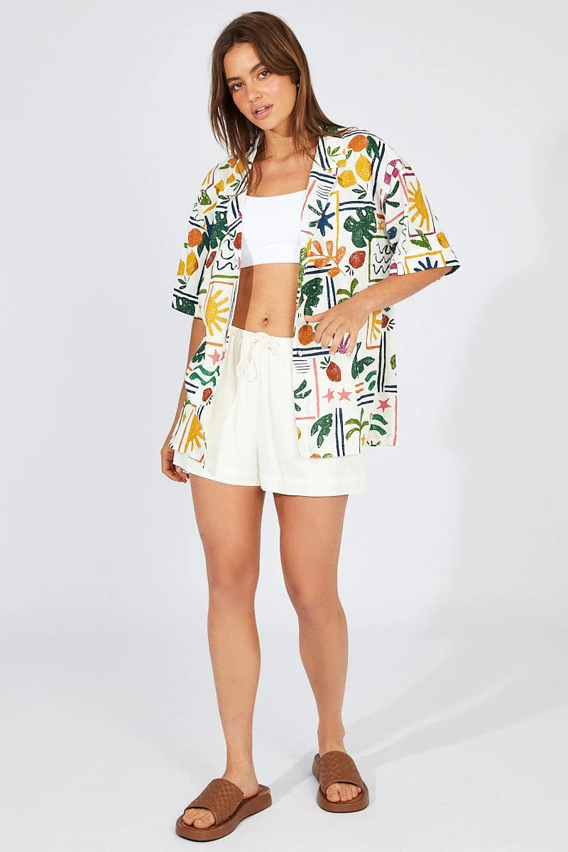 Multi Abstract Shirt Short Sleeve Linen
