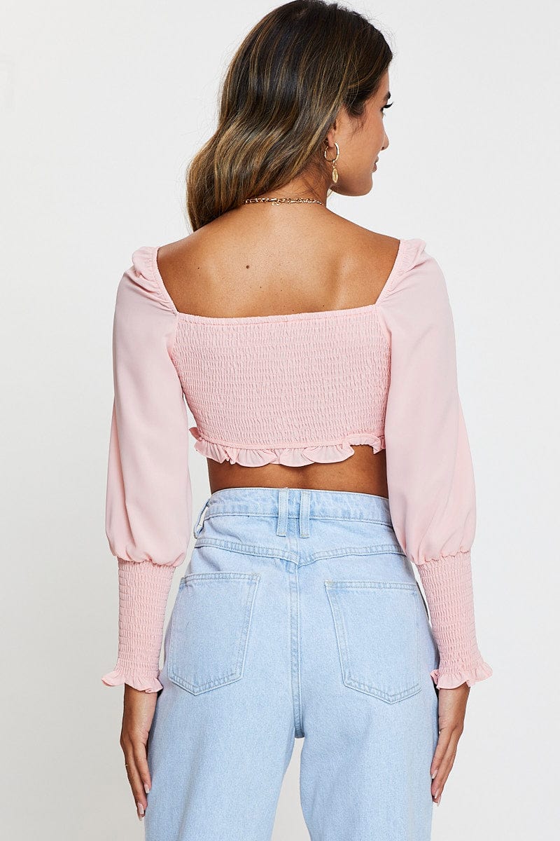 Pink Shirred Top Long Sleeve Crop