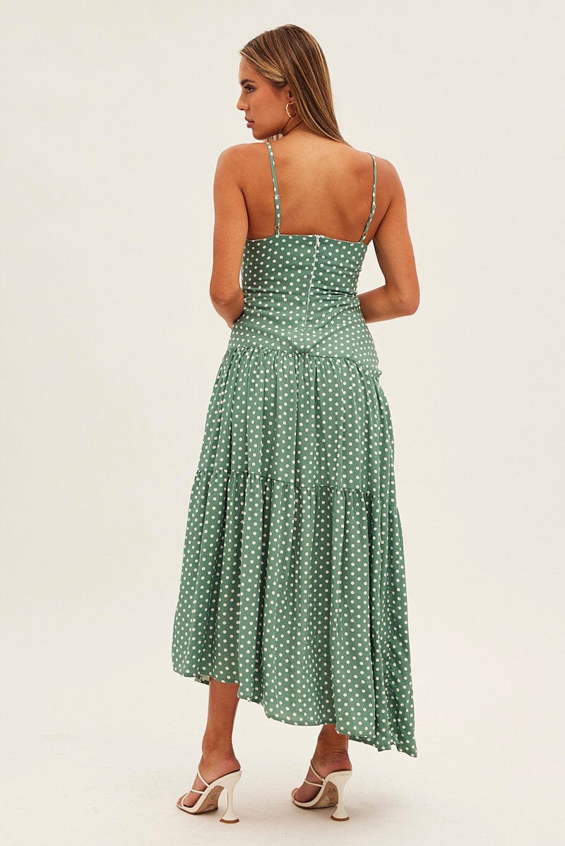 Print Polka Dot Maxi Dress Sleeveless Tie Front Tiered Polka Dot