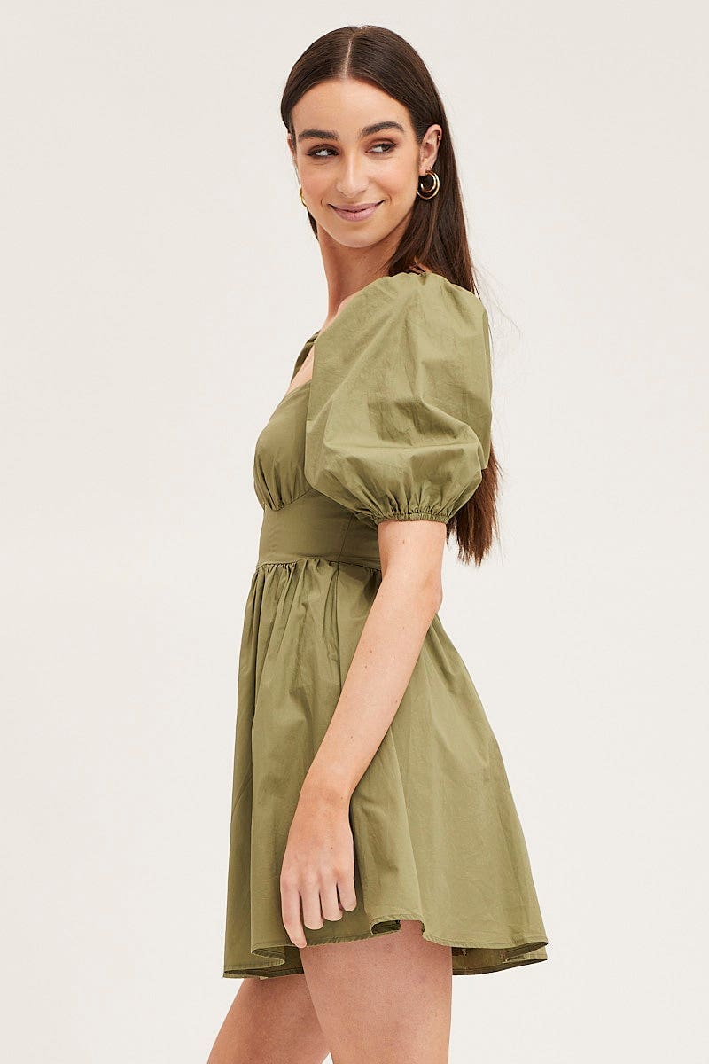 Green Skater Dress Puff Sleeve Mini Sweet Heart Neck