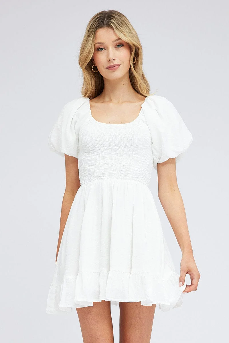 White Fit And Flare Dress Shirred Bust Mini