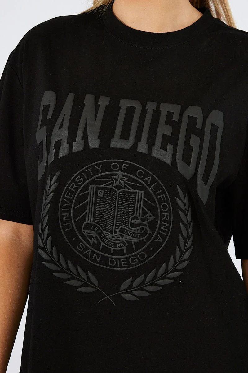 Black Graphic Tee Short Sleeve Round Neck