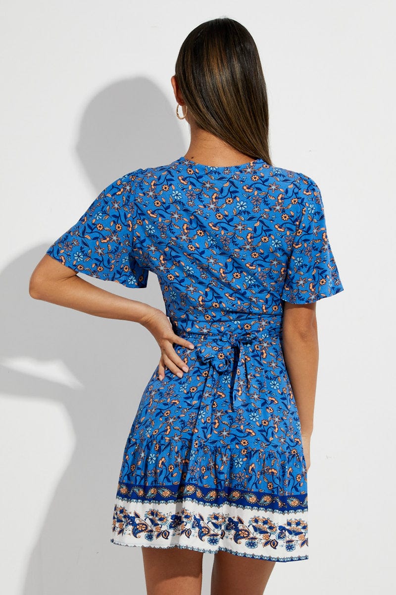 Blue Boho Boho Wrap Mini Dress