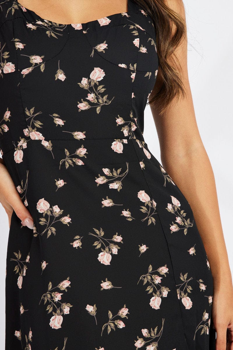 Black Floral Midi Dress Sleeveless