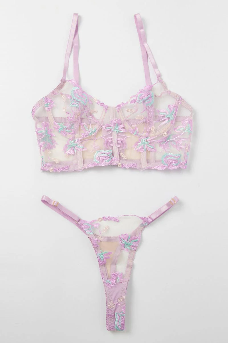 Purple Embroidery Lingerie Set