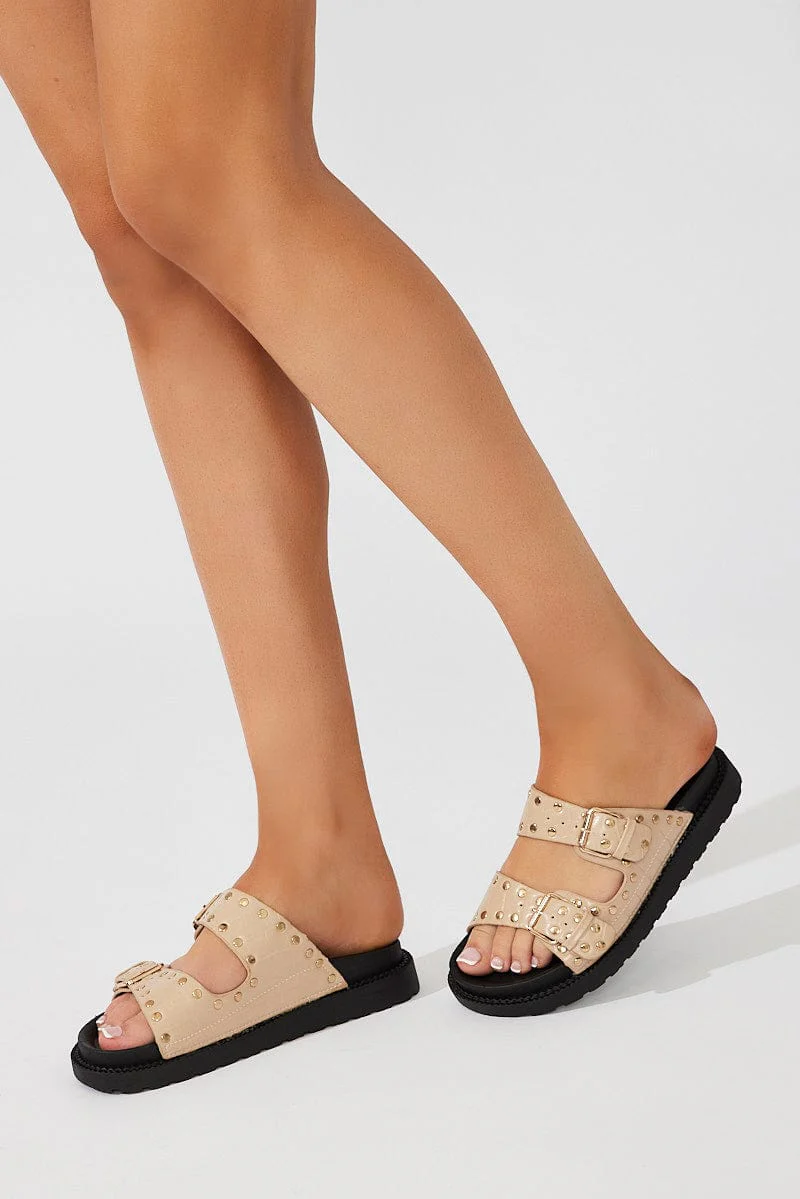 Beige Studded Flat Sandals