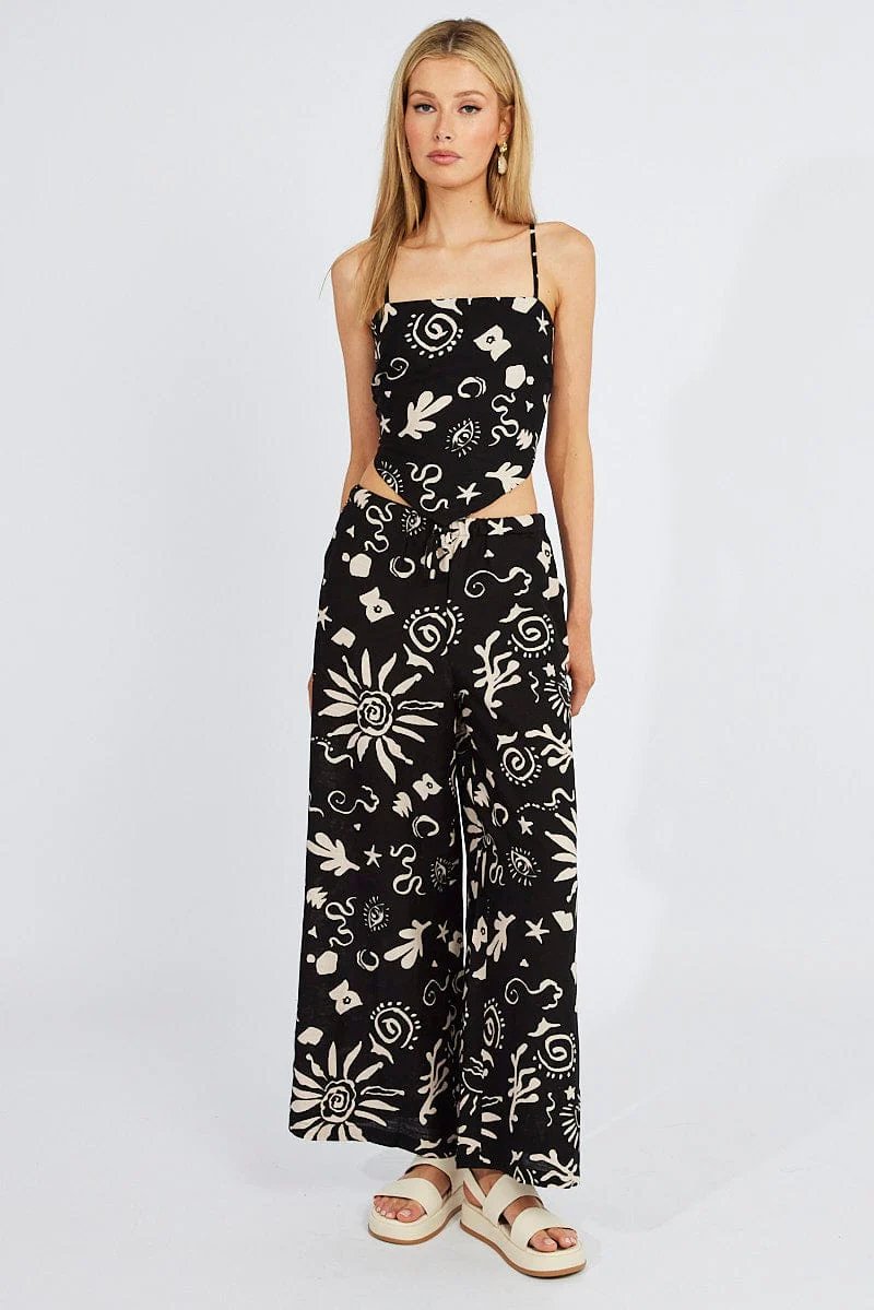 Black Abstract Wide Leg Pants High Rise Linen Blend